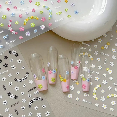 3D embossed mini floral nail stickers with charming cartoon blooms on press on nails