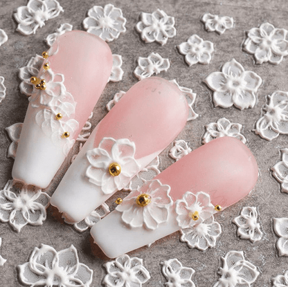 5D soft embossed white lace flower nail sticker on press on nails
