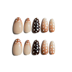 Set of ten LuxeCharm press on nails featuring a milky nude base and soft brown deer-print tips  on a white background