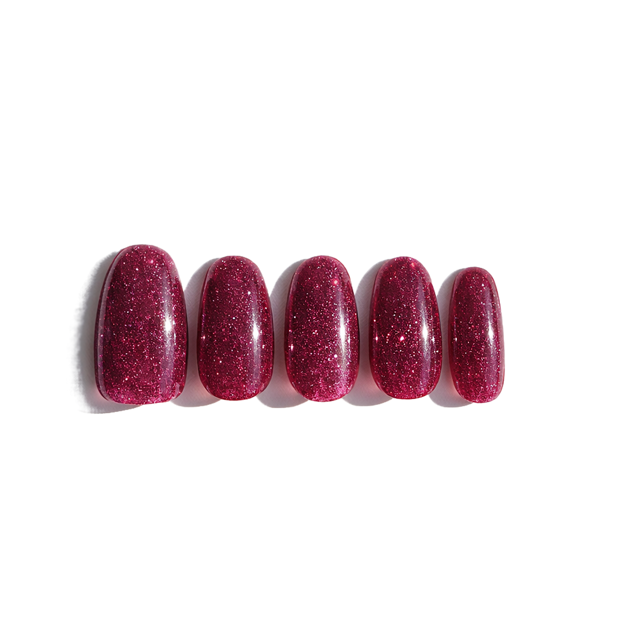 Five dark pink glitter nails on a white background. LuxeCharm press on nails