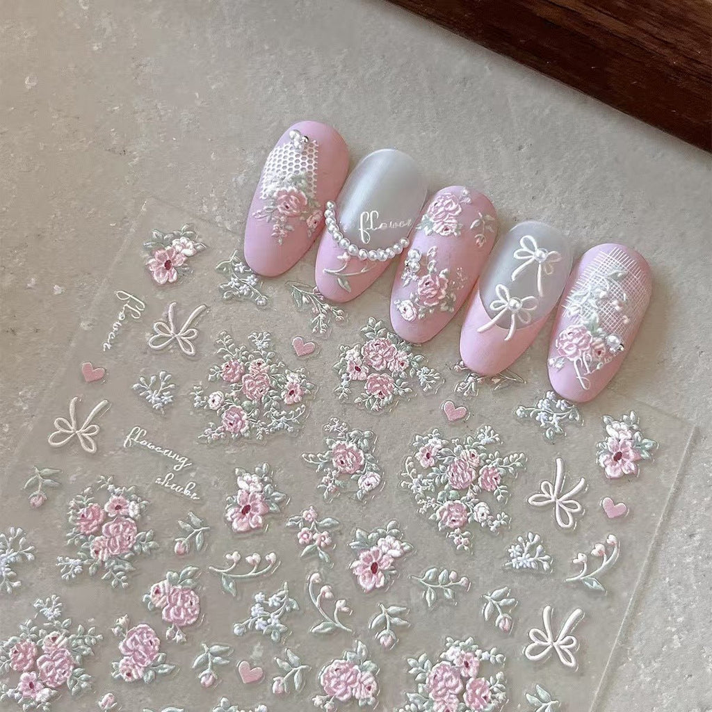 Blushing pink 3D embossed floral nail decals with green leaves for DIY nail art