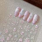 Blushing pink 3D embossed floral nail decals with green leaves for DIY nail art