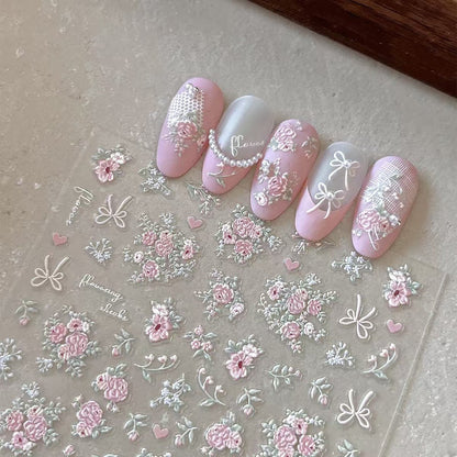 Blushing pink 3D embossed floral nail decals with green leaves for DIY nail art