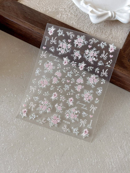 Blushing pink 3D embossed floral nail decals with green leaves
