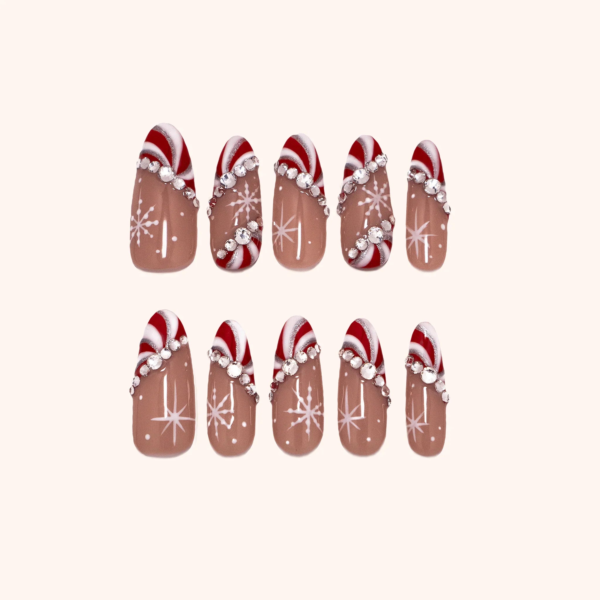 holiday and Christmas press on nails-Ten press-ons- rhinestones gems, snowflakes, and candy cane design 