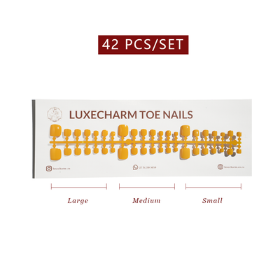 Product packaging for LuxeCharm toe nails with size chart on a white background. Citrus press-on toenails 42 piece set — zesty orange pedicure