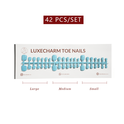 Packaging of LuxeCharm toenails with size labels on a white background. Cloudy press-on toenails 42 piece set — gray-beige neutral pedicure