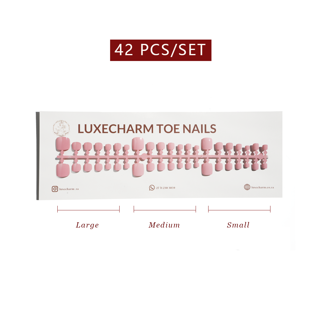 package of LuxeCharm toenails with product display and size labels on a white background. Cotton press-on toenails 42 piece set — off-white pedicure