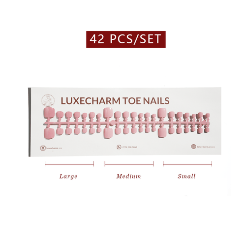 package of LuxeCharm toenails with product display and size labels on a white background. Cotton press-on toenails 42 piece set — off-white pedicure