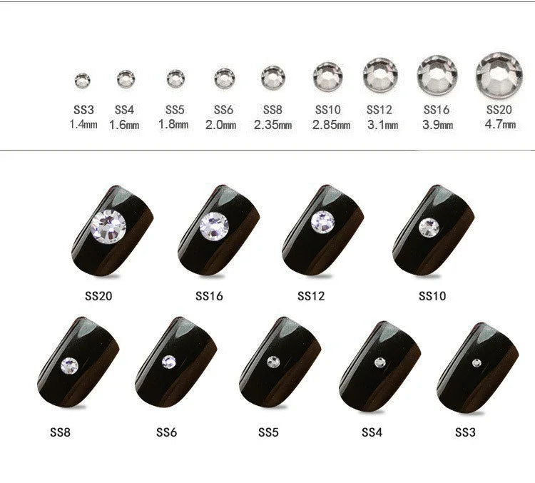 White flat-back crystal nail rhinestones SS3 to SS20 size look on nail for DIY nail art