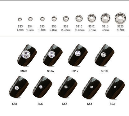 White flat-back crystal nail rhinestones SS3 to SS20 size look on nail for DIY nail art