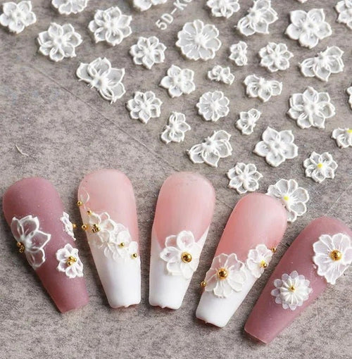 Elegant white lace flower 5D nail sticker for press-on nails