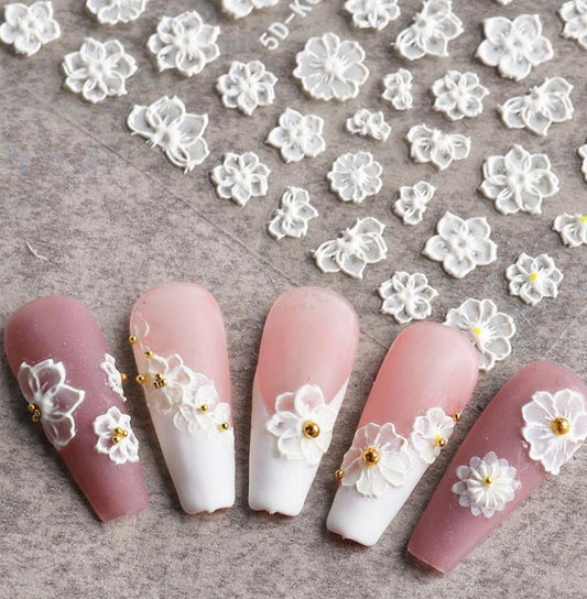 Elegant white lace flower 5D nail sticker for press-on nails