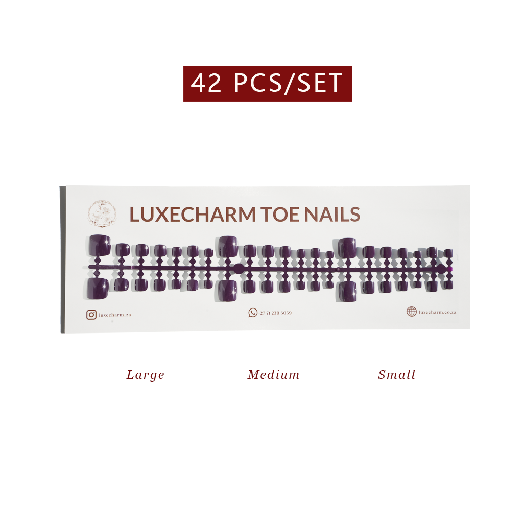 Packaging of LuxeCharm toe nails with size chart on a white background. Grape press-on toenails 42 piece set — deep berry pedicure
