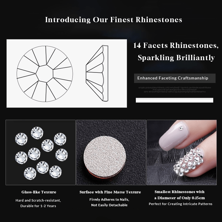 Introduction of our rhinestones: glass-like texture, surface with fine matte texture, 14 facets, multiple sizes