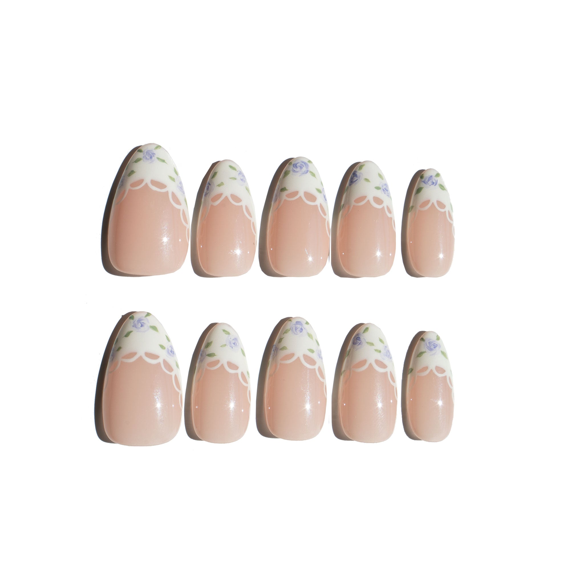 Set of purple coquette nail art designs with hand-painted purple floral patterns on a white background. LuxeCharm press on nails