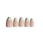 Set of five purple coquette nail art designs on a white background. LuxeCharm press on nails