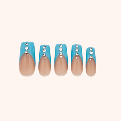 Sky blue gemstone French nails. Square nails. Product image. 5 press-ons. 