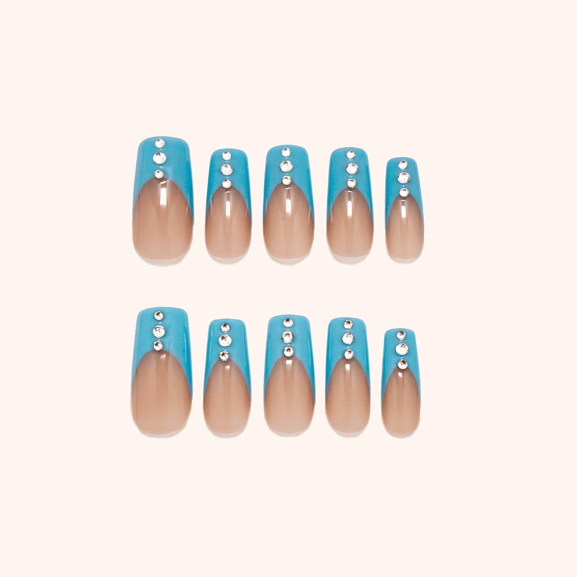 Sky blue gemstone French nails. Square nails. Product image. 10 press-ons. 