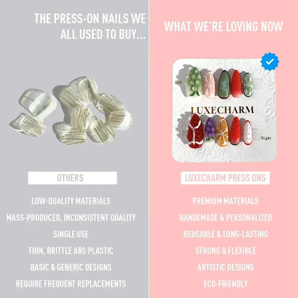 LuxeCharm Handmade press on nails vs. Other press on nails. Compare image. LuxeCharm