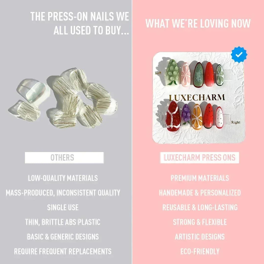 LuxeCharm Handmade press on nails vs. Other press on nails. Compare image. LuxeCharm