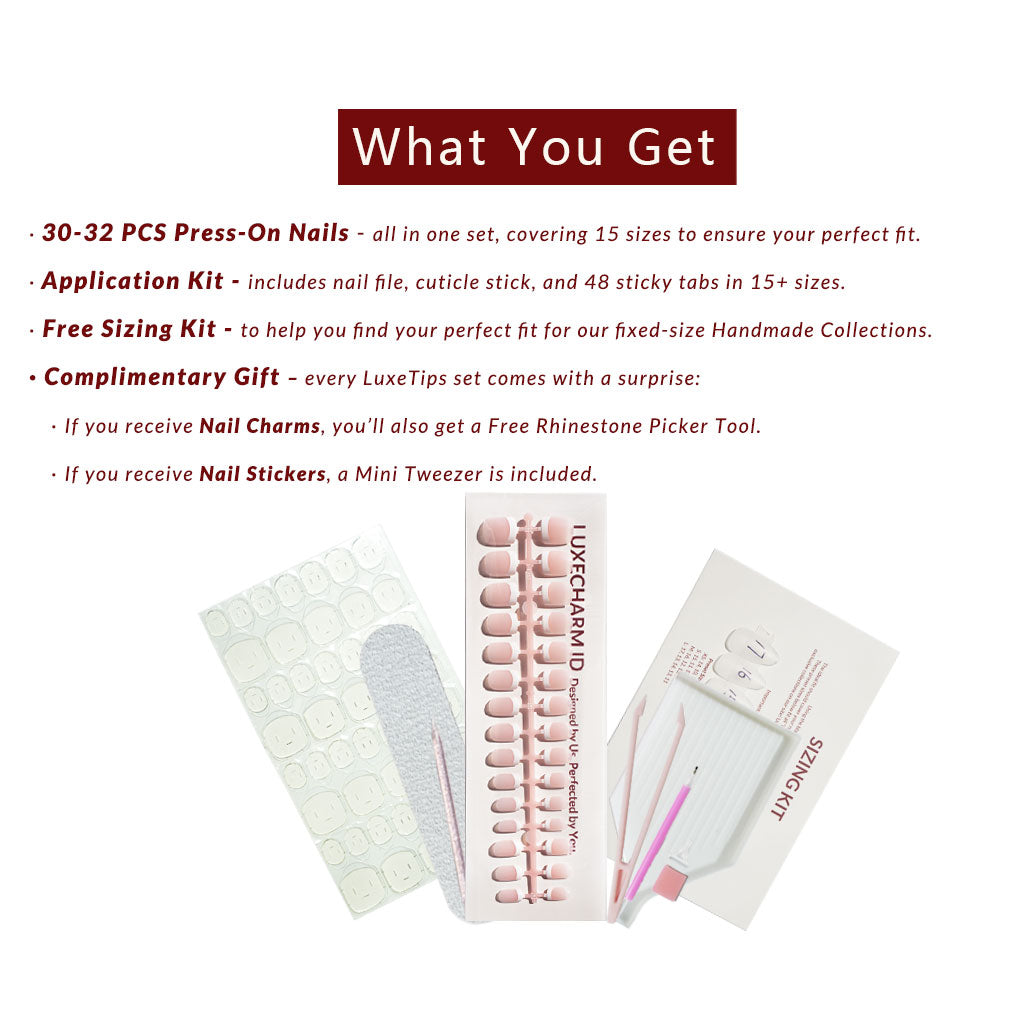 LuxeTips press-on nail set with application kit and free sizing kit on a white background. LuxeCharm.