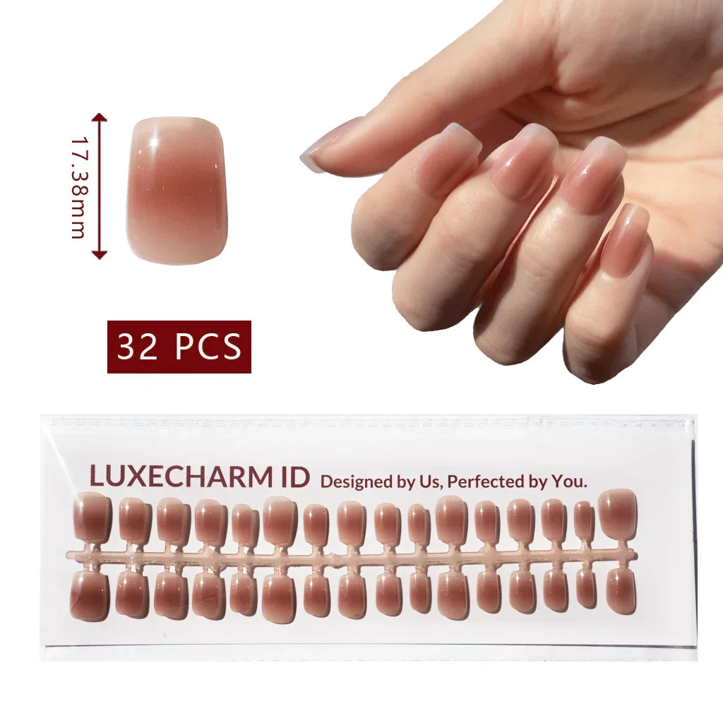 LuxeTip Blush Ombre Press On Nails Extra Short Square, On Hand Display, Thumb Nail Size Guide