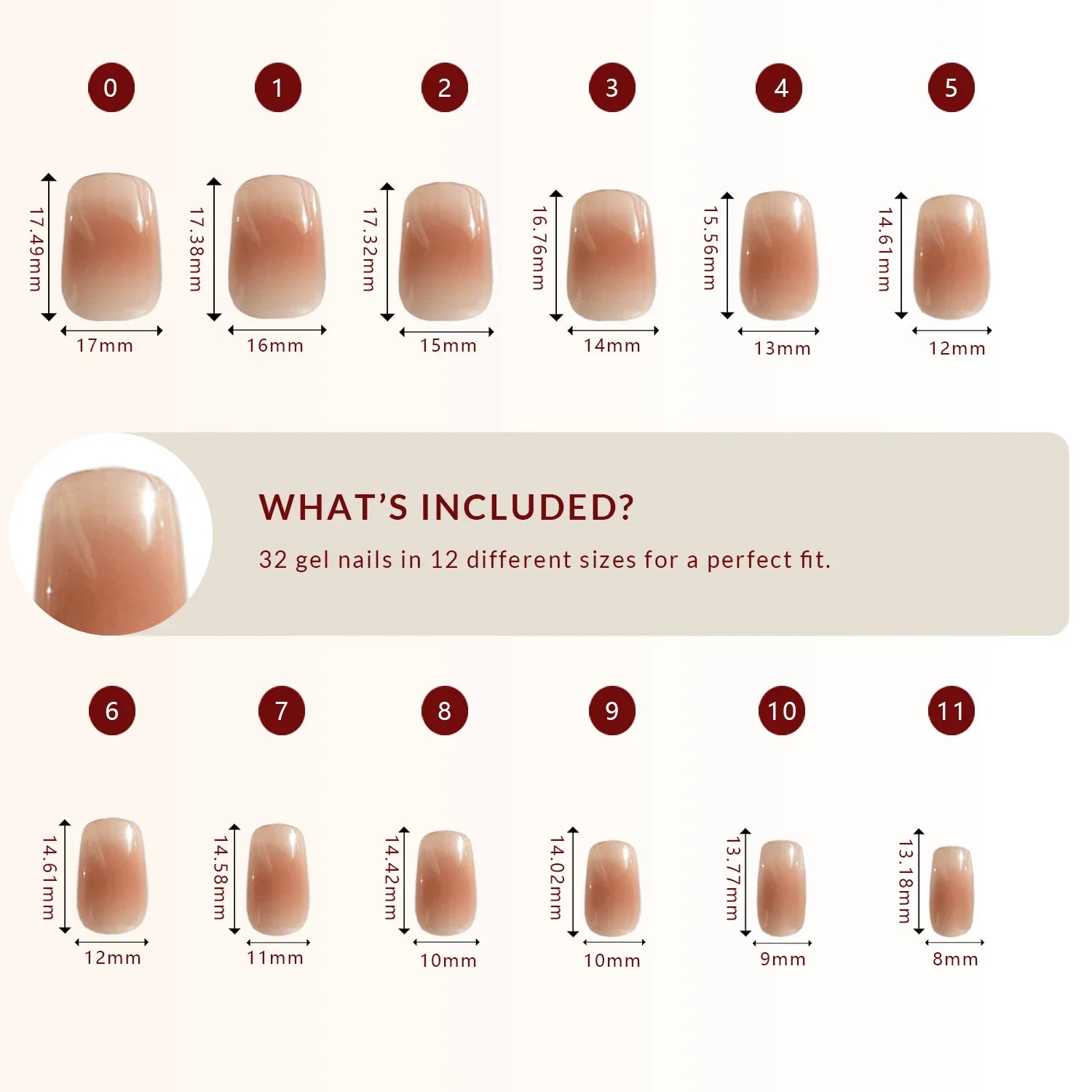 LuxeTip Blush Ombre Press On Nails Extra Short Square, Size Guide, 32 Gel Nails in 12 Different Sizes