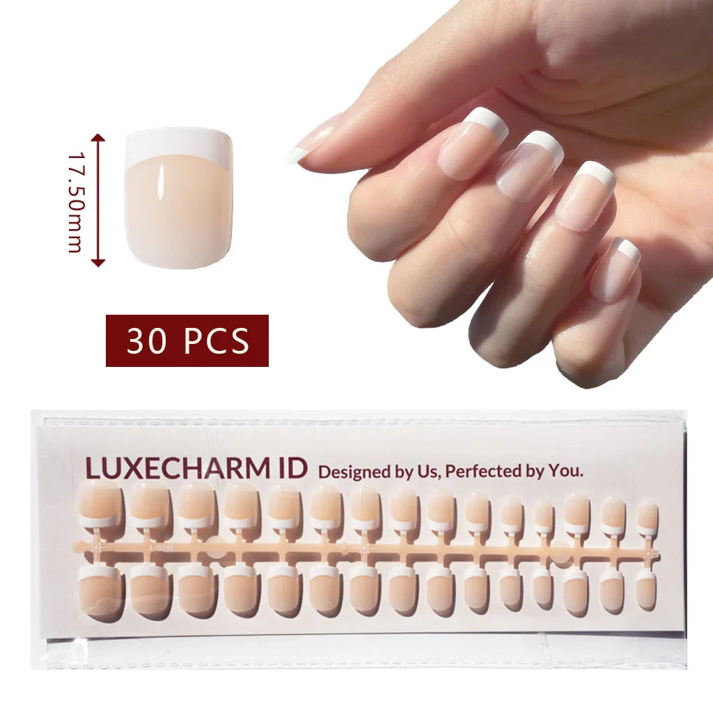 LuxeCharm LuxeTip French Press On Nails, Extra Short Square White French Tips, Salon Quality, On Hand Display, Thumb Nail Size Guide. 30 Pieces