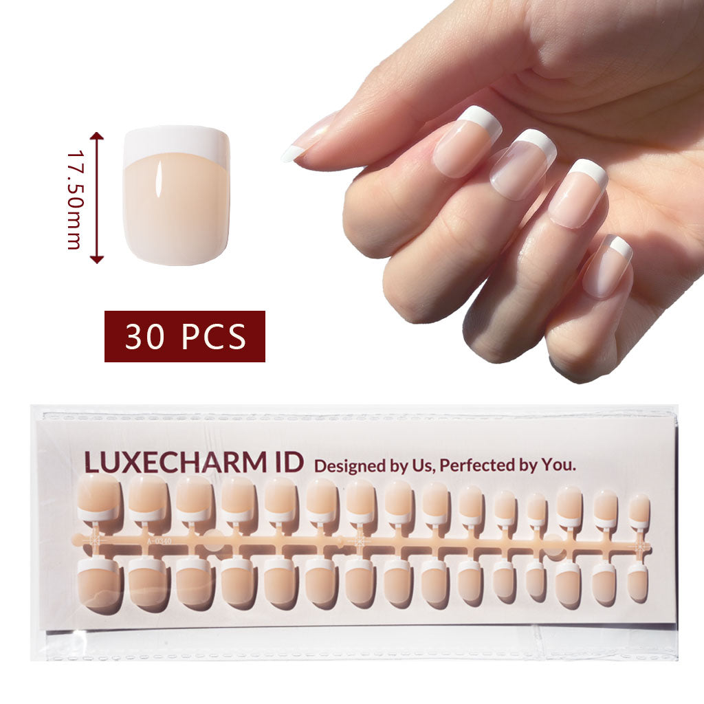 LuxeCharm LuxeTip French Press On Nails, Extra Short Square White French Tips, Salon Quality, On Hand Display, Thumb Nail Size Guide. 30 Pieces
