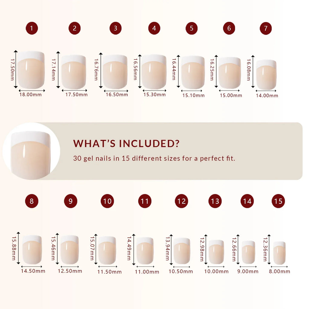 LuxeTip French Press On Nails, Extra Short Square White French Tips, Size Guide, 30 Gel Nails in 15 Different Sizes