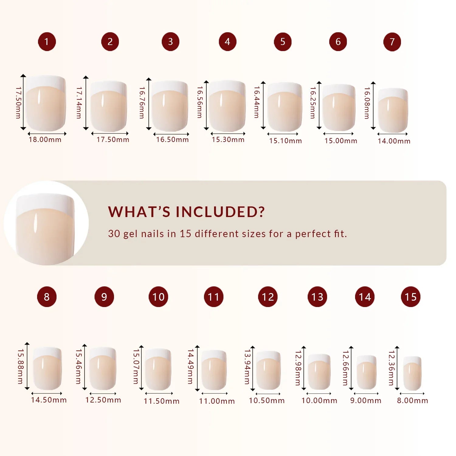 LuxeTip French Press On Nails, Extra Short Square White French Tips, Size Guide, 30 Gel Nails in 15 Different Sizes