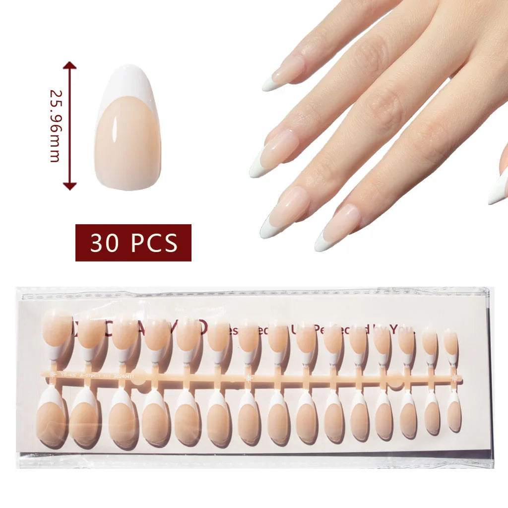 LuxeCharm LuxeTip French Press On Nails, Medium Almond White French Tips, High-Gloss Finish, On Hand Display, Thumb Nail Size Guide. 30 Pieces
