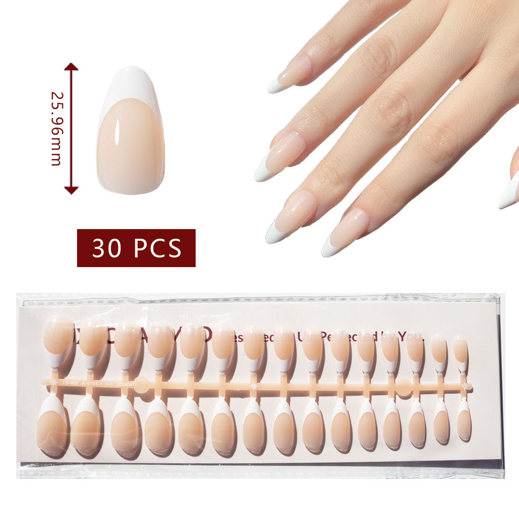 LuxeCharm LuxeTip French Press On Nails, Medium Almond White French Tips, High-Gloss Finish, On Hand Display, Thumb Nail Size Guide. 30 Pieces
