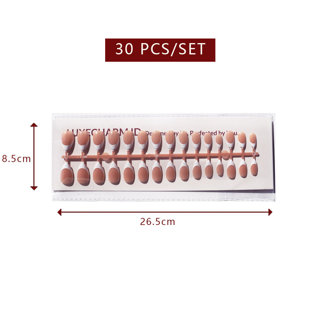 LuxeTip French Press On Nails, Medium Almond White French Tips, High-Gloss Finish, Light Brown Color 