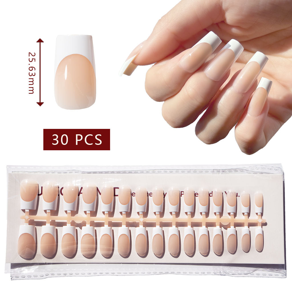 LuxeCharm LuxeTip French Press On Nails, Medium Square White French Tips, On Hand Display, Thumb Nail Size Guide. 30 pieces 
