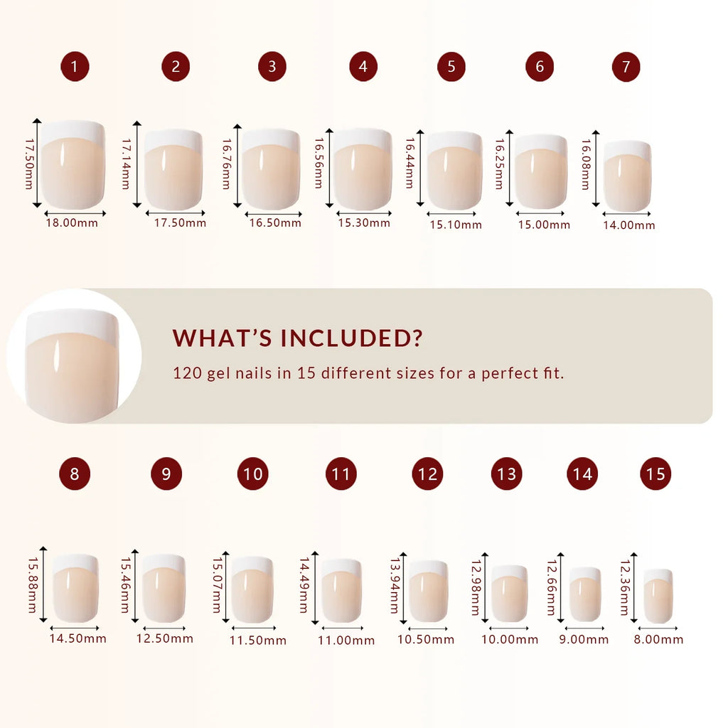 LuxeTip French Press On Nails, Extra Short Square White French Tips, Size Guide, 120 Gel Nails in 15 Different Sizes
