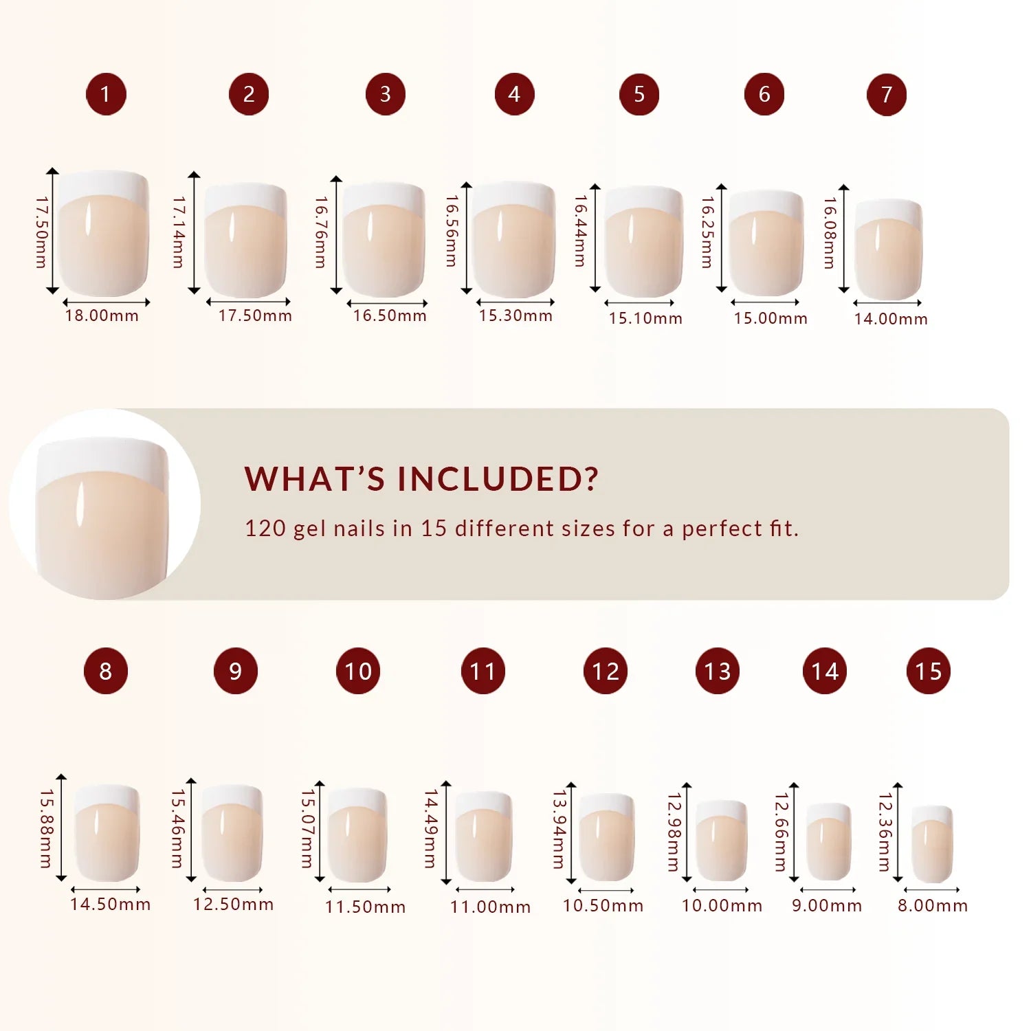 LuxeTip French Press On Nails, Extra Short Square White French Tips, Size Guide, 120 Gel Nails in 15 Different Sizes