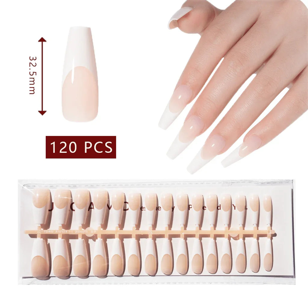 LuxeTip French Press On Nails, Long Coffin White French Tips, High-Gloss Finish, On Hand Display, Thumb Nail Size Guide
