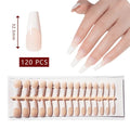 LuxeTip French Press On Nails, Long Coffin White French Tips, High-Gloss Finish, On Hand Display, Thumb Nail Size Guide