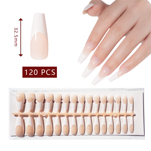 LuxeTip French Press On Nails, Long Coffin White French Tips, High-Gloss Finish, On Hand Display, Thumb Nail Size Guide