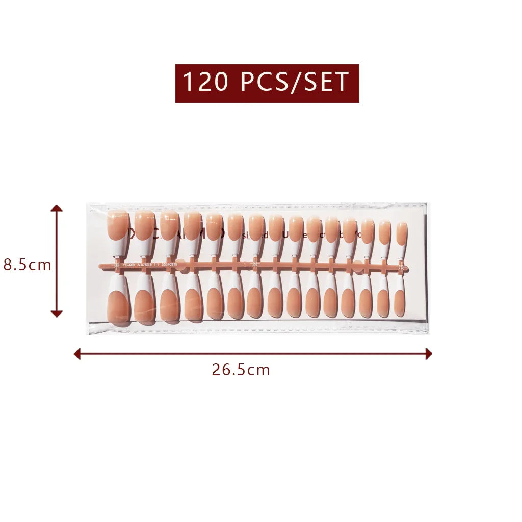 LuxeTip French Press On Nails, Long Coffin White French Tips, Light Brown Color 