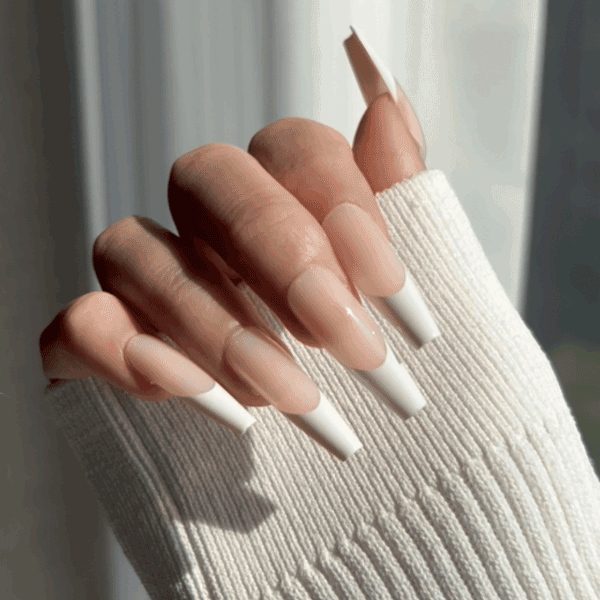 LuxeTip French Press On Nails, Long Coffin White French Tips, High-Gloss Finish, On Hand Display, Live GIF