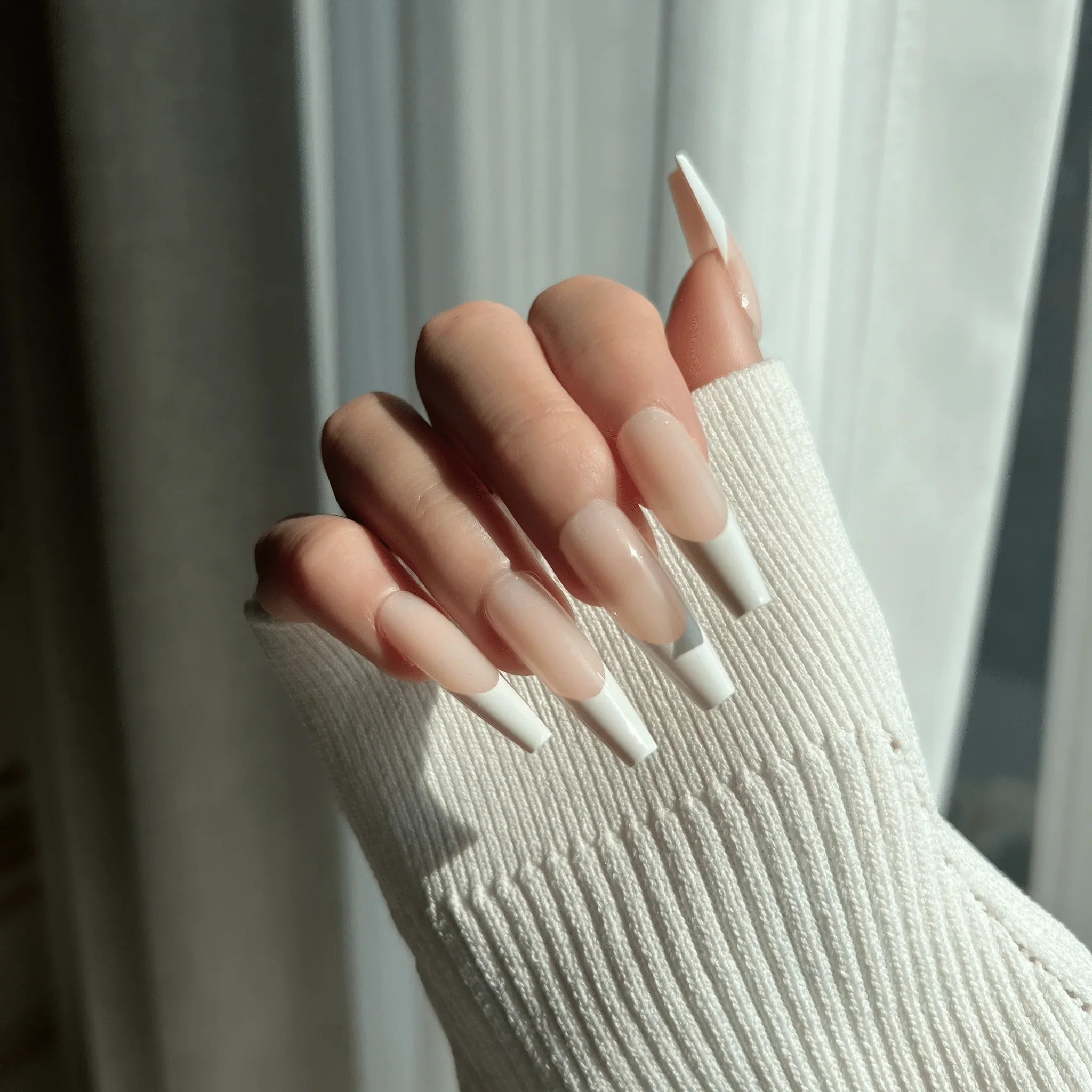 LuxeTip French Press On Nails, Long Coffin White French Tips, On Hand Display 2
