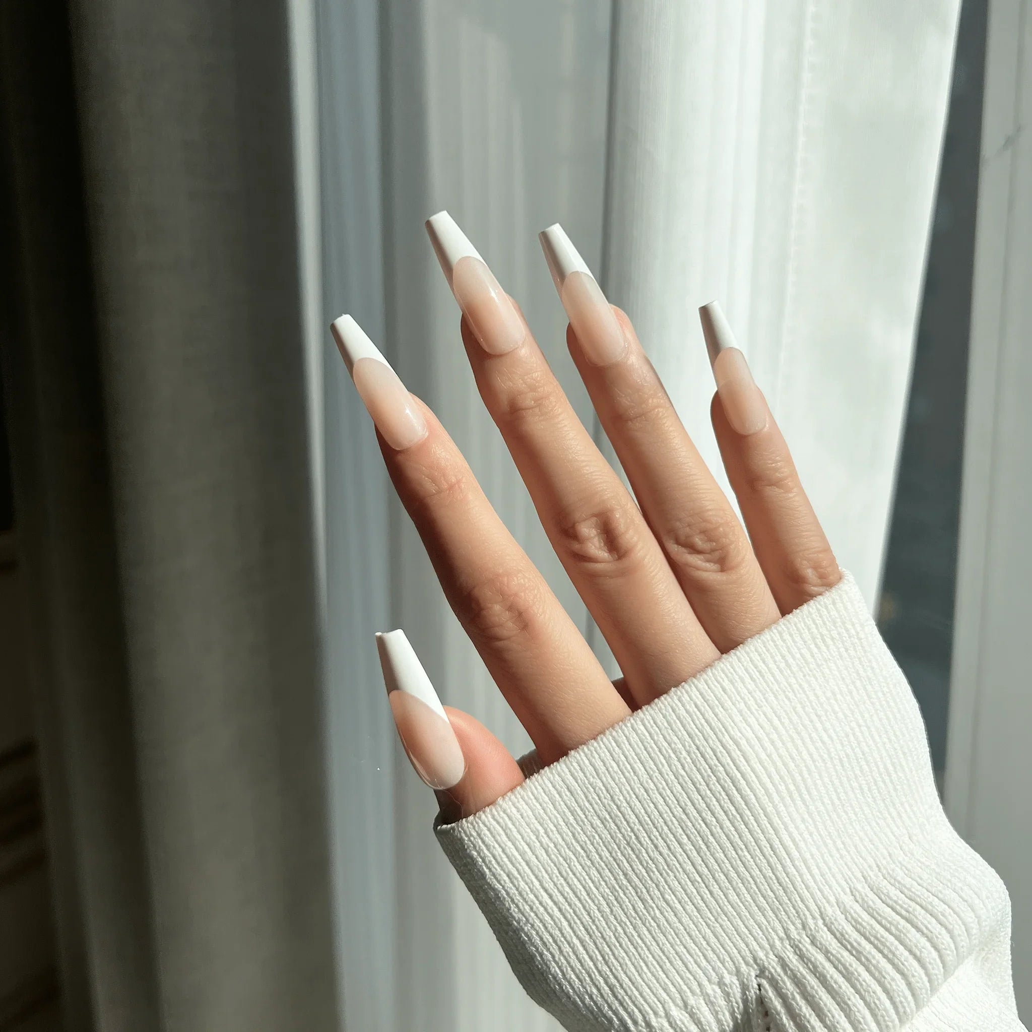 LuxeTip French Press On Nails, Long Coffin White French Tips, On Hand Display 3