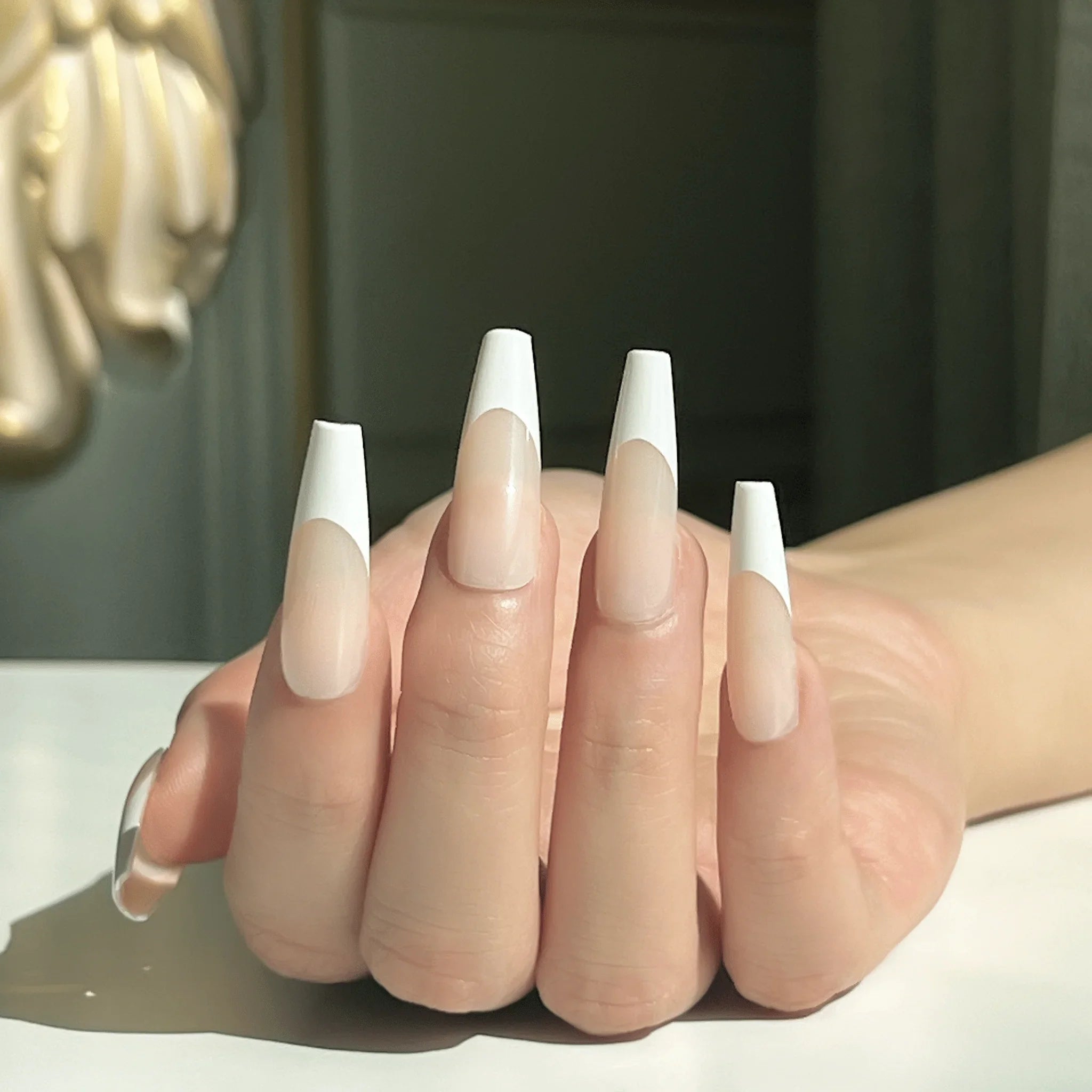 LuxeTip French Press On Nails, Long Coffin White French Tips, On Hand Display 4