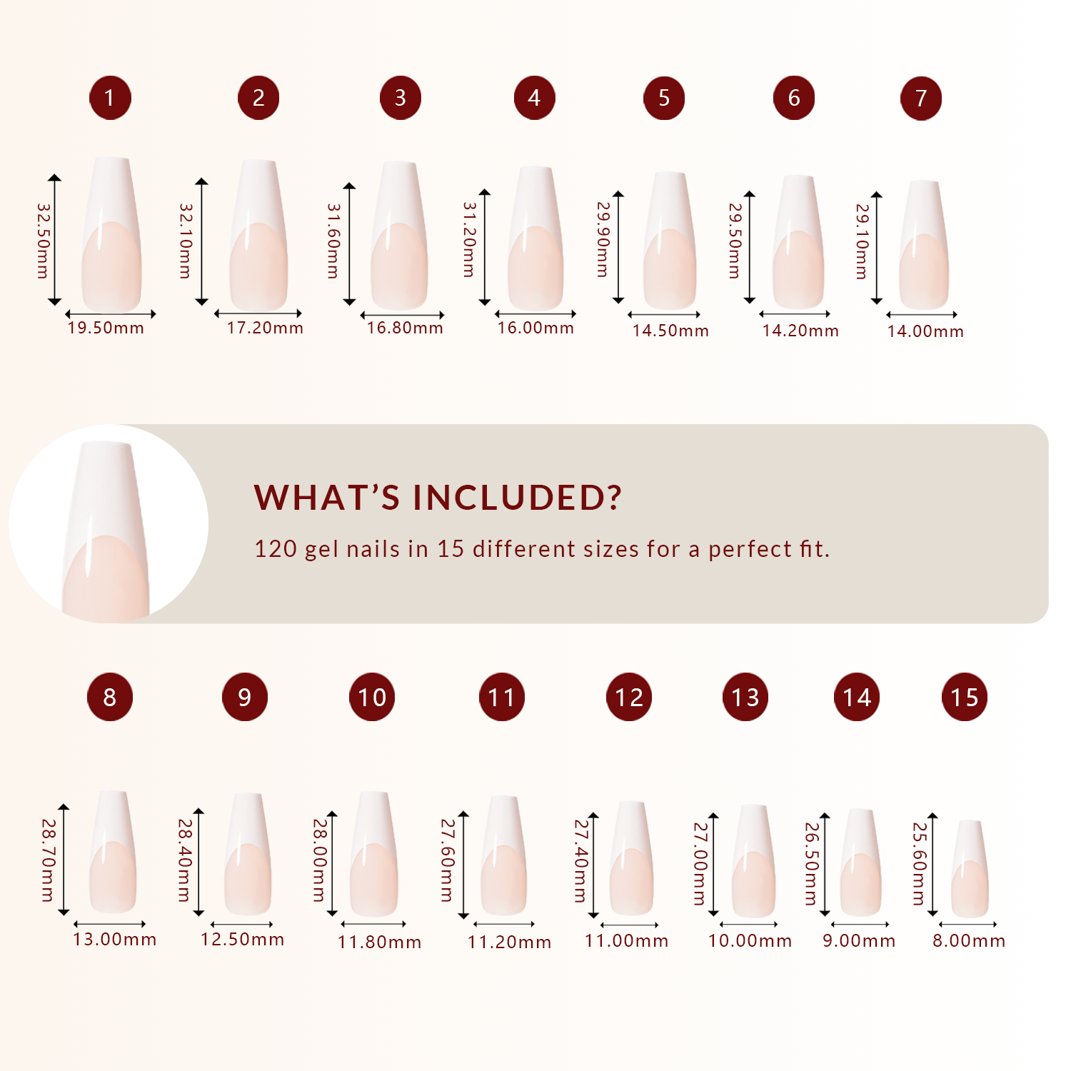 LuxeTip French Press On Nails, Long Coffin White French Tips, Size Guide, 120 Gel Nails in 15 Different Sizes
