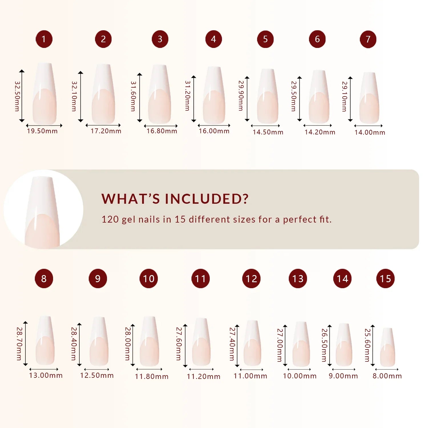 LuxeTip French Press On Nails, Long Coffin White French Tips, Size Guide, 120 Gel Nails in 15 Different Sizes