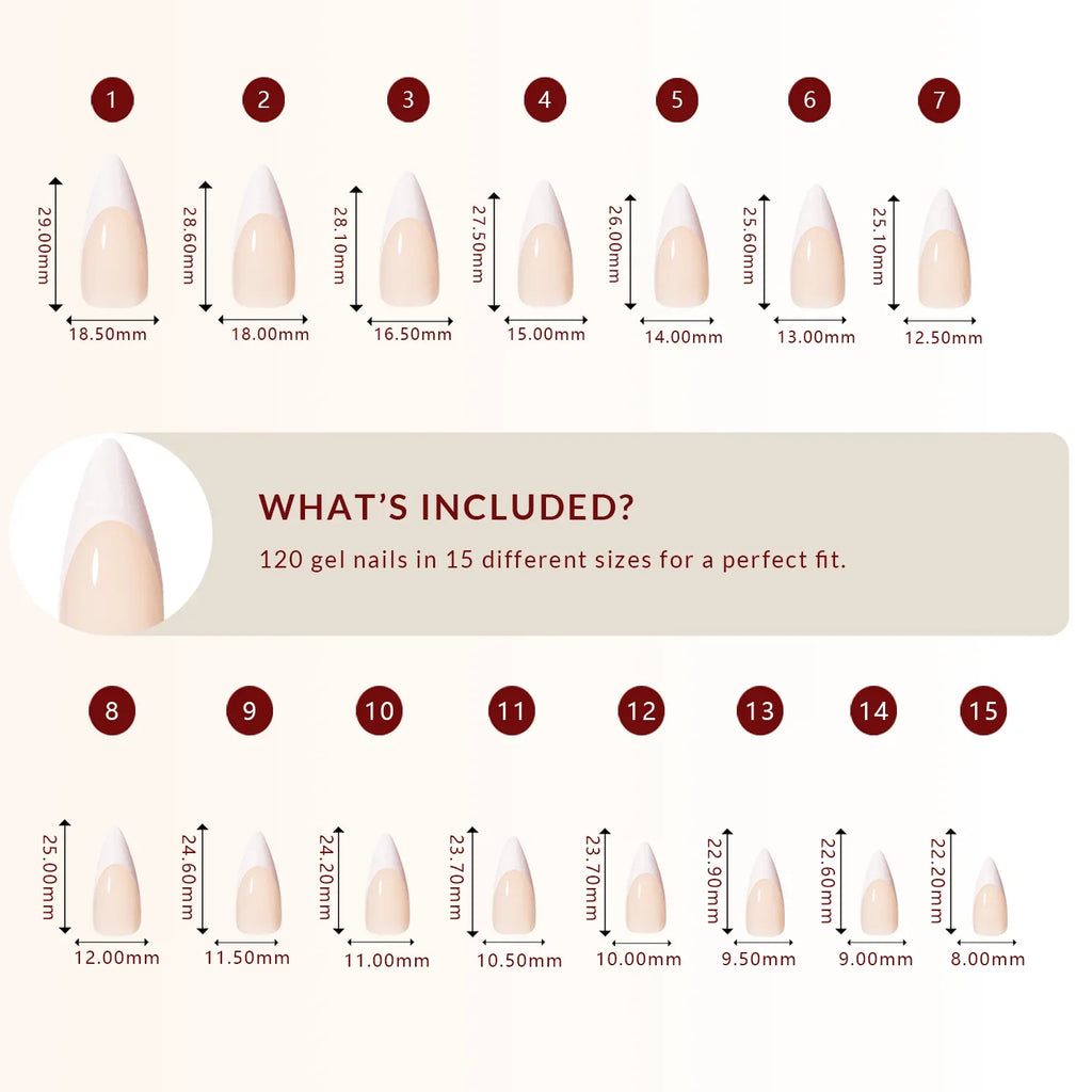 LuxeTip French Press On Nails, Long Stiletto White French Tips, Size Guide, 120 Gel Nails in 15 Different Sizes