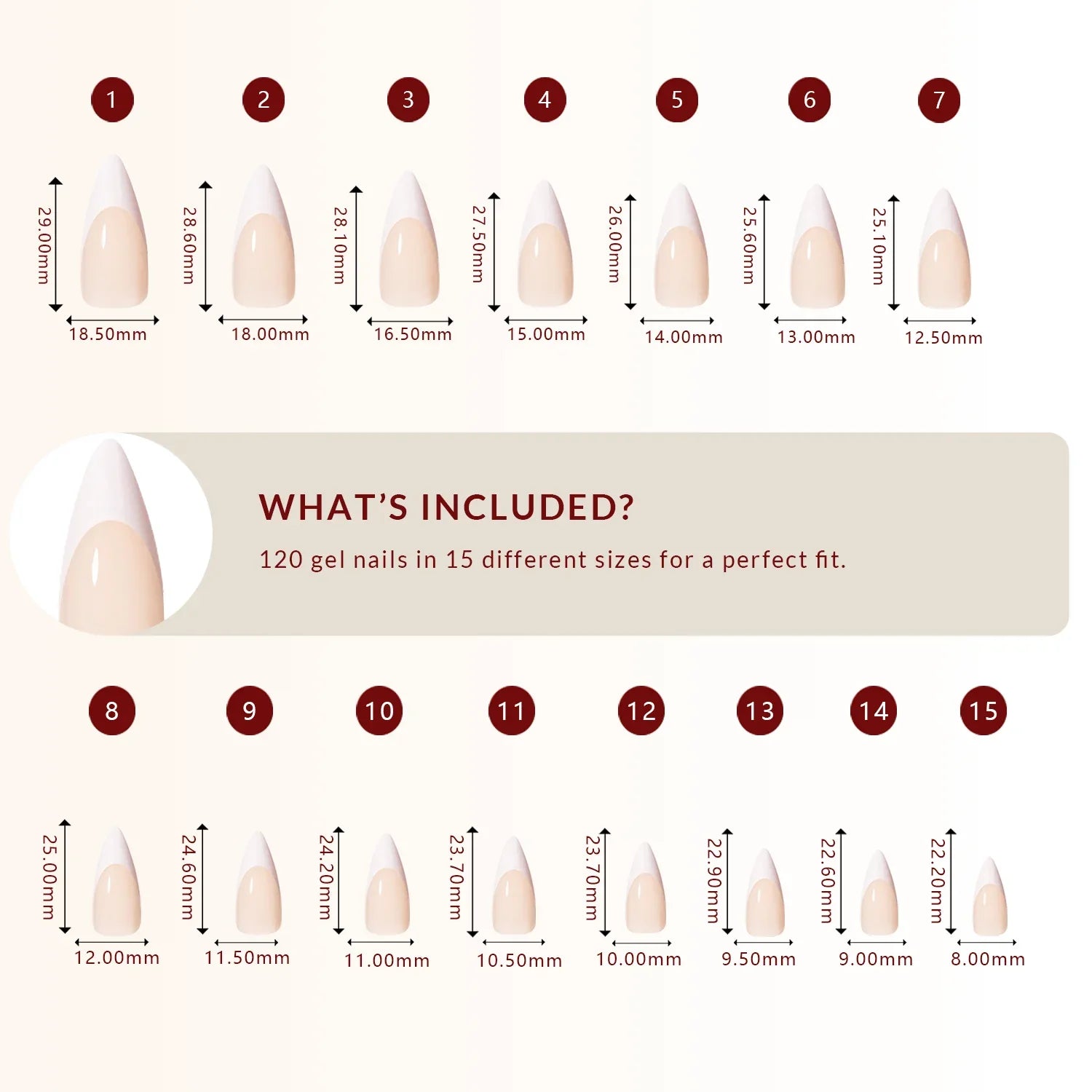 LuxeTip French Press On Nails, Long Stiletto White French Tips, Size Guide, 120 Gel Nails in 15 Different Sizes